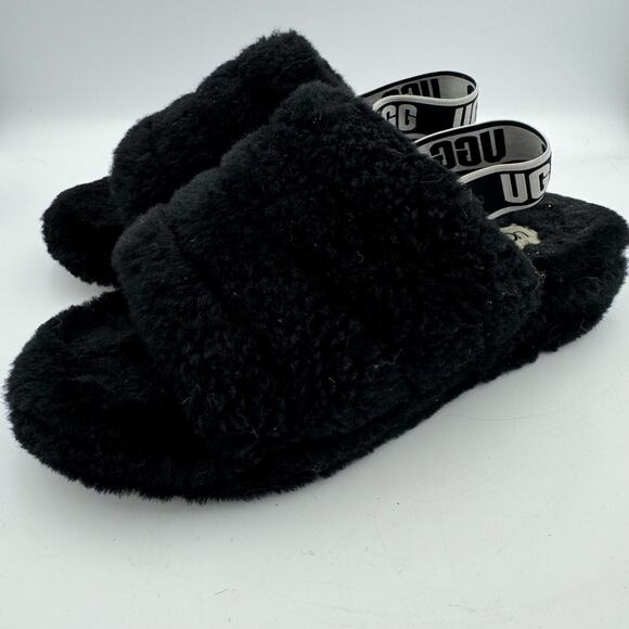 UGG Fluff Yeah Slide Black Sheepskin Slippers Women’s 9 Fuzzy Platform Sandals - Picture 4 of 10